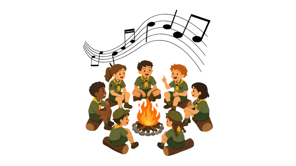 Pfadfinder sitzen am Feuer und singen